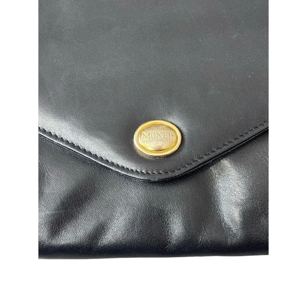 Monet Vintage Black Leather Crossbody Bag Gold‎ Chain Strap Small Envelope Purse